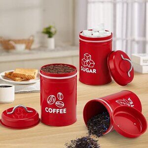 NEW Set of 3 Red Canisters , Metal Kitchen Canister with Lid Set for Sugar